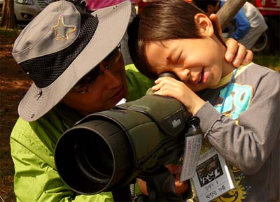 A child watching the Black-faced Spoonbill (Platalea minor) at Namdong Reservior, its breeding area © 2011 EAAFP